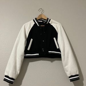 H&M Cropped Varsity Jacket Black and White